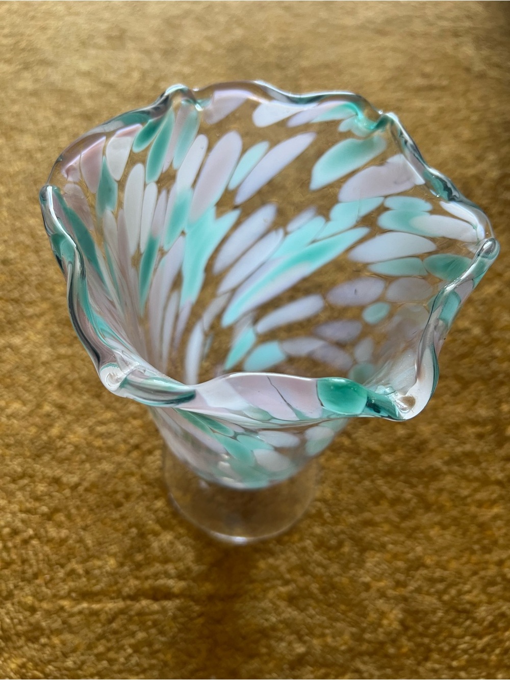 Vintage Hand-Blown Art Glass Pedestal Vase — Mint Green, Pink, White (11”)